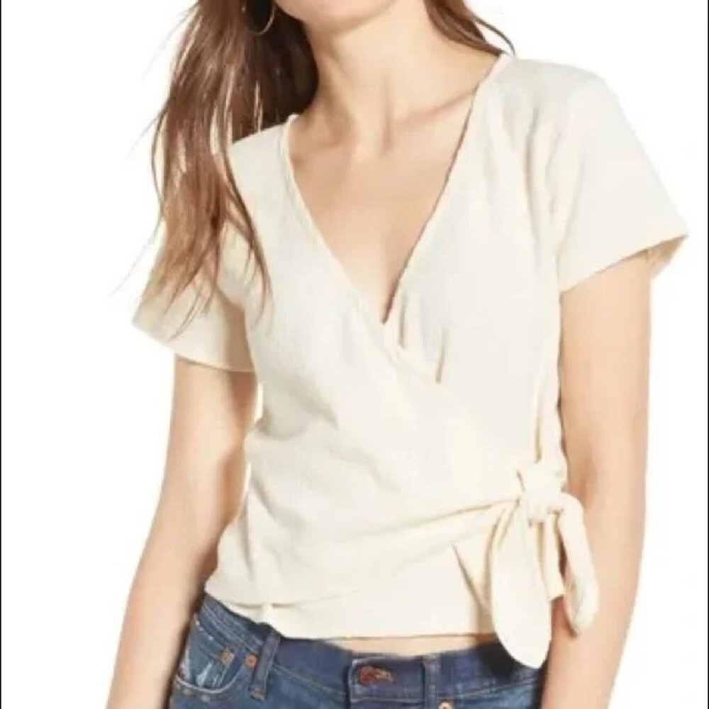 Madewell Texture & Thread Wrap Tie Top (J2858) Short sleeve, V-neck, Cream, XS